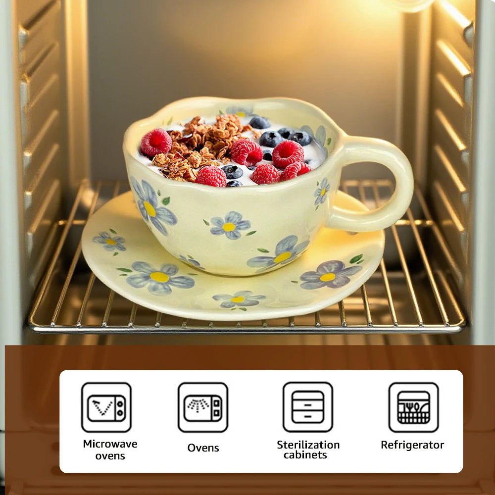 Ceramic Mugs Coffee Cups Hand Pinched Irregular Flower Milk Tea Cup with Plate Ins Style Drinkware Breakfast Mug Kitchen