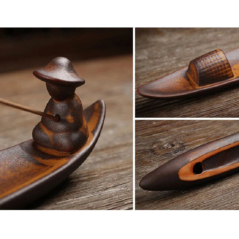Chinese style retro fishing line incense burner, home decoration with a flat boat lying incense diffuser incense pedestal