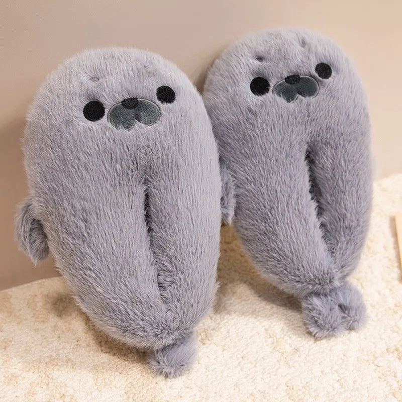 Winter Home Slippers for Couples Warm Plush Neutral Cartoon Seal Indoor Anti Slip Comfortable Cotton Slippers for Men and Women