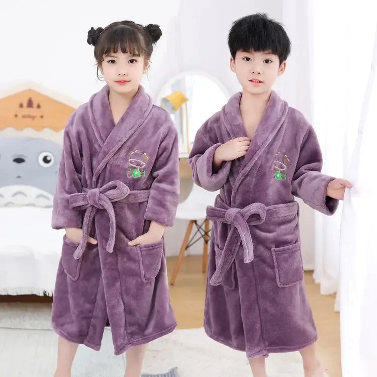 Winter Thicken Bathrobes for Kids Girls Flannel Warm Nightgown Teens Boys Bathing Robe Solid Color Night Robe Baby Dressing Gown