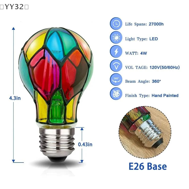〔YY32〕Stained Glass Light Bulb 4W ST64 LED Light Bulb Painted Glass E26 Base Mosaic Night Lamp Home Decor Romantic Atmosphere