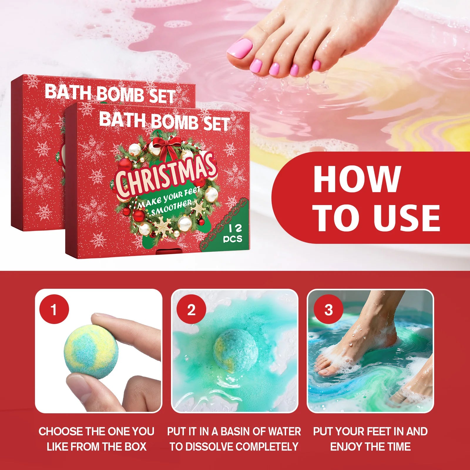 Christmas Bath Bomb Set - 12 PCS Salt Bath Ball with Essential Oils & Shea Butter, Moisturizing Foot Soak for Relaxation