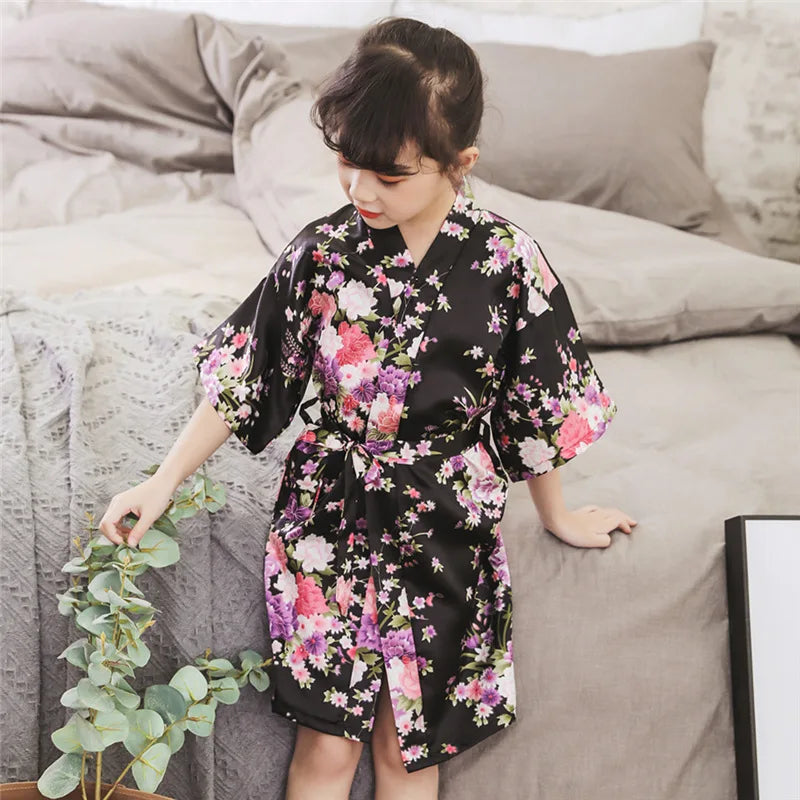 Floral Print Summer Infant Baby Girls Robes Toddler Baby Kids Girls Floral Satin Kimono Robes Bathrobe Sleepwear Clothes