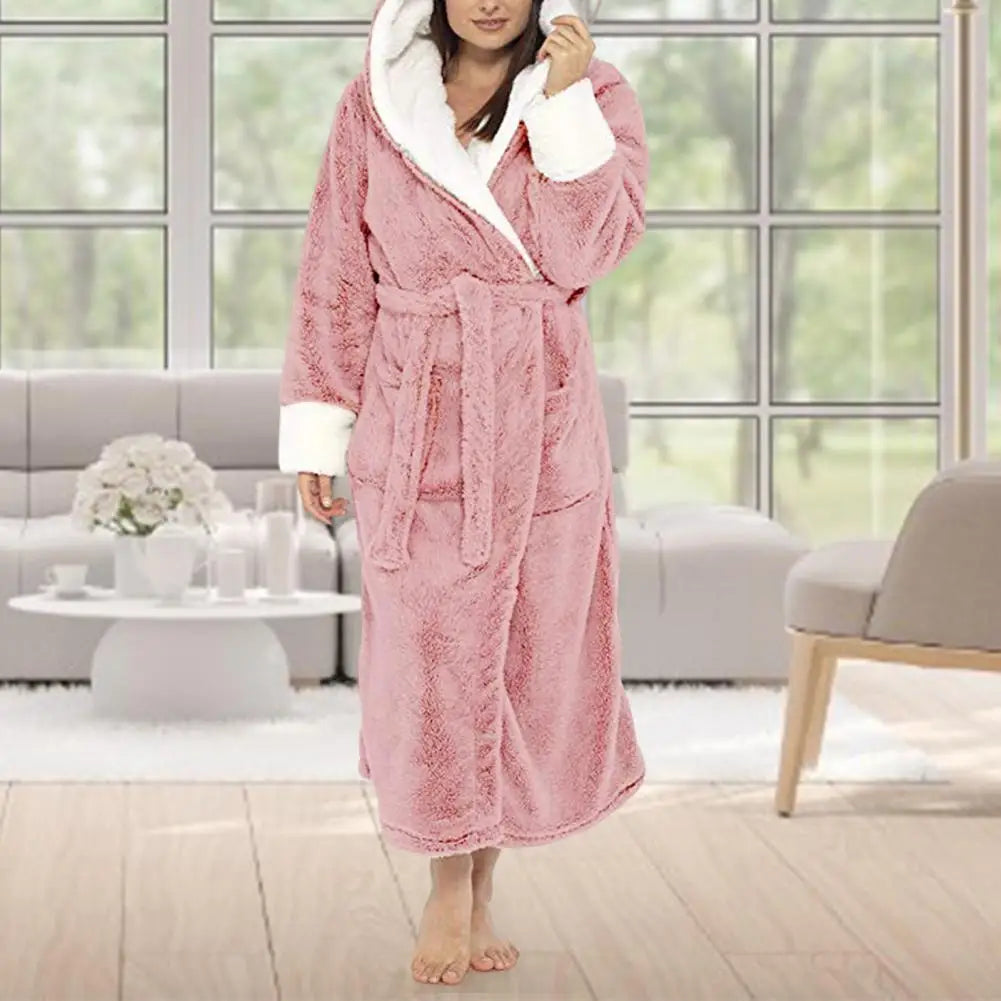 Women Bathrobe Plush Thicken Hooded Nightgown Autumn And Winter Warm And Comfortable Long-sleeved Robe Homewear Home Bath Robe