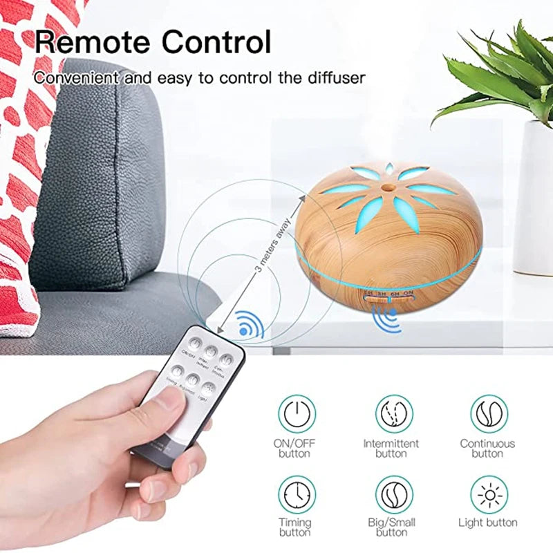 500ML Aromatherapy Essential Oil Diffuser Wood Grain Remote Control Ultrasonic Air Humidifier Cool with 7 Colorful LED Light