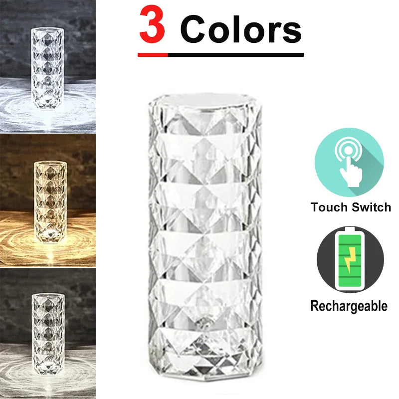 16 Colors LED Rose Light Projector Crystal Table Lamp Home Bar Decoration Touch Recharging Romantic Diamond Atmosphere Light