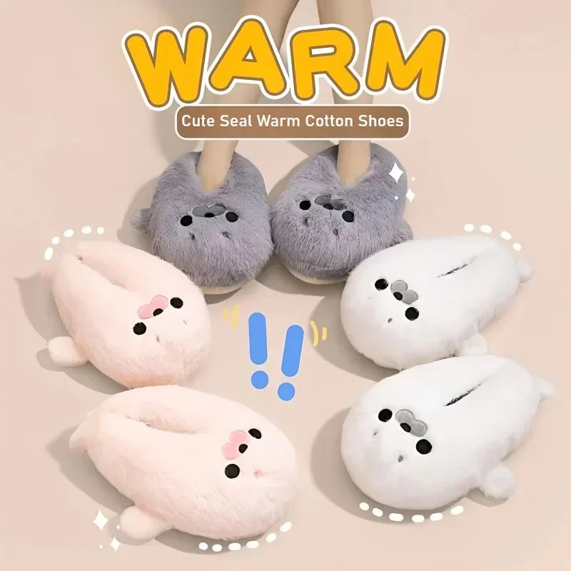 Winter Home Slippers for Couples Warm Plush Neutral Cartoon Seal Indoor Anti Slip Comfortable Cotton Slippers for Men and Women