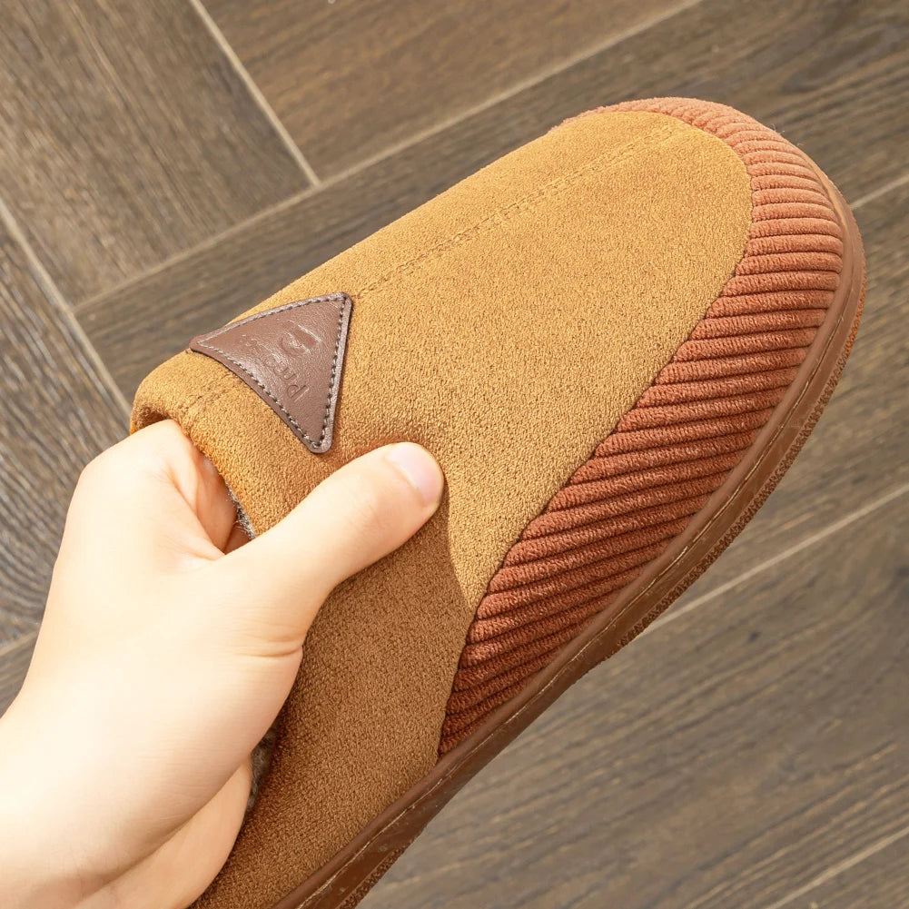 Warm Slippers for Men with TPR Sole Memory Foam Non Slip Design Patchwork Comfortable Suede House Shoes