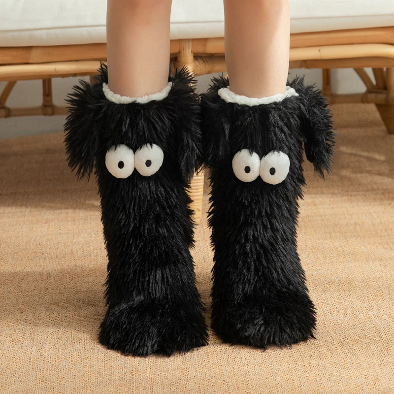 Soft Big Eyes Slipper Socks with Puppy Ears Mid-Calf Cartoon Non-slip Floor Socks Thickened Warm Coral Fleece Socks Winter