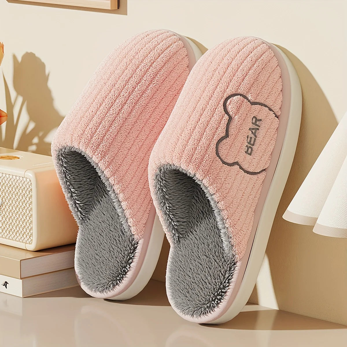Winter Warm Plush Slippers Men Thick Sole Anti Slip Indoor Outdoor Soft Cozy Home Fleece Lining Bear Thermal Footwear Large Size