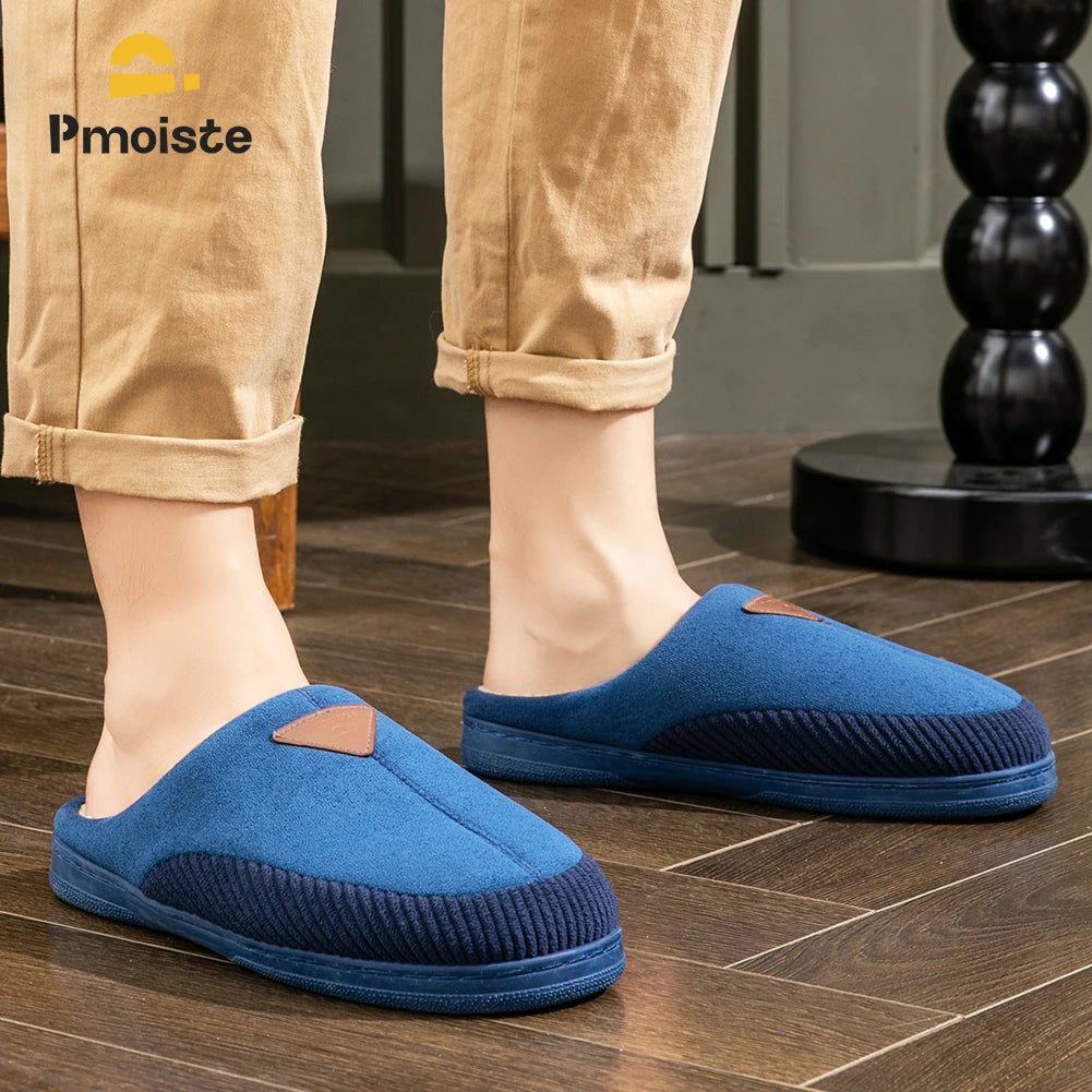 Warm Slippers for Men with TPR Sole Memory Foam Non Slip Design Patchwork Comfortable Suede House Shoes