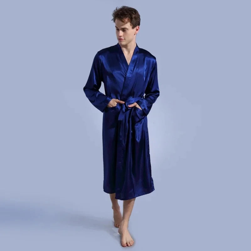 Men's V Neck Satin Robe Kimono Long Bathrobe Pajamas Sleepwear Christmas Robes for Wedding Party Men Loungewear Dressing Gown