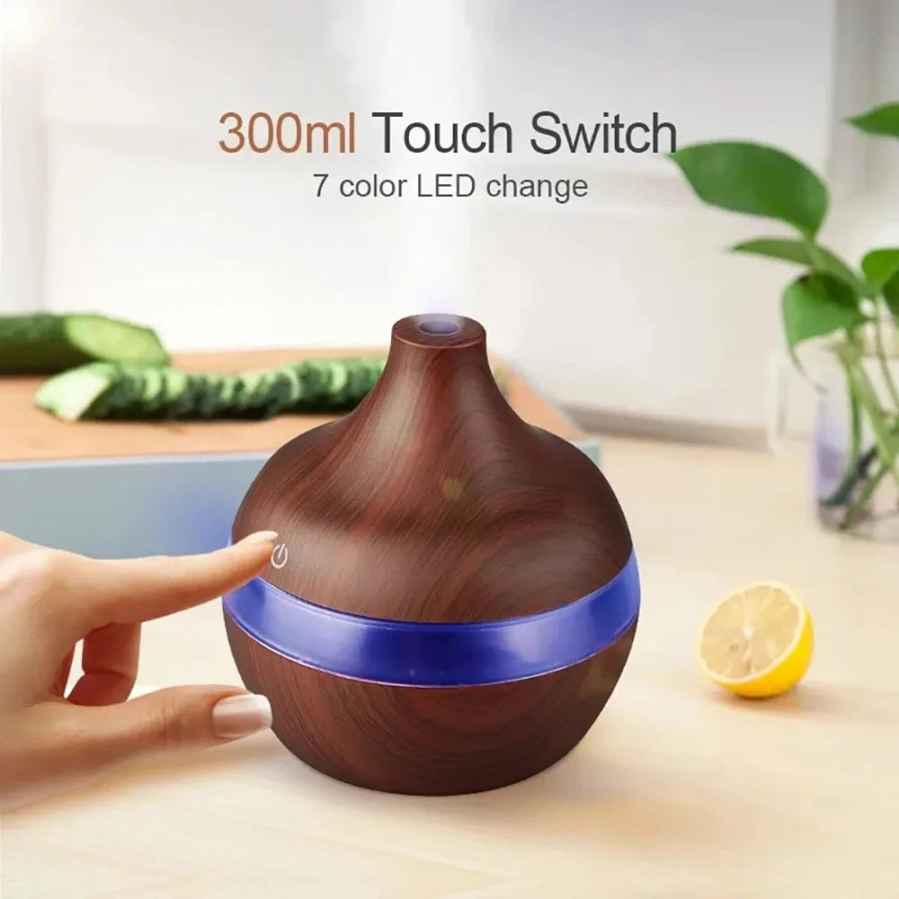 300ml High Quality Aromatherapy Essential Oil Diffuser Wood Grain Remote Control Ultrasonic Air Humidifier with 7 Colors Light