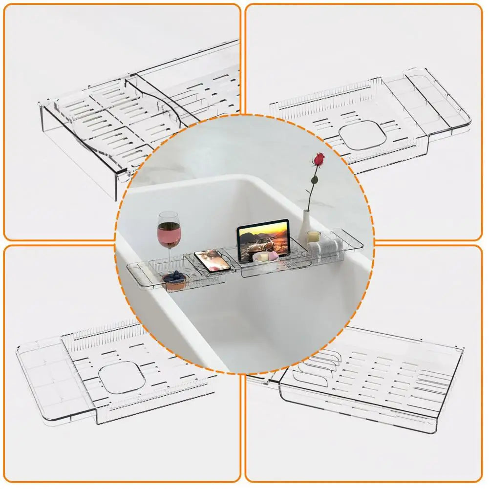 Tub Tray with Handles Luxury Spa Bathtub Caddy Tray with Retractable Design for Phone Tablet Wine Cup Organization Transparent