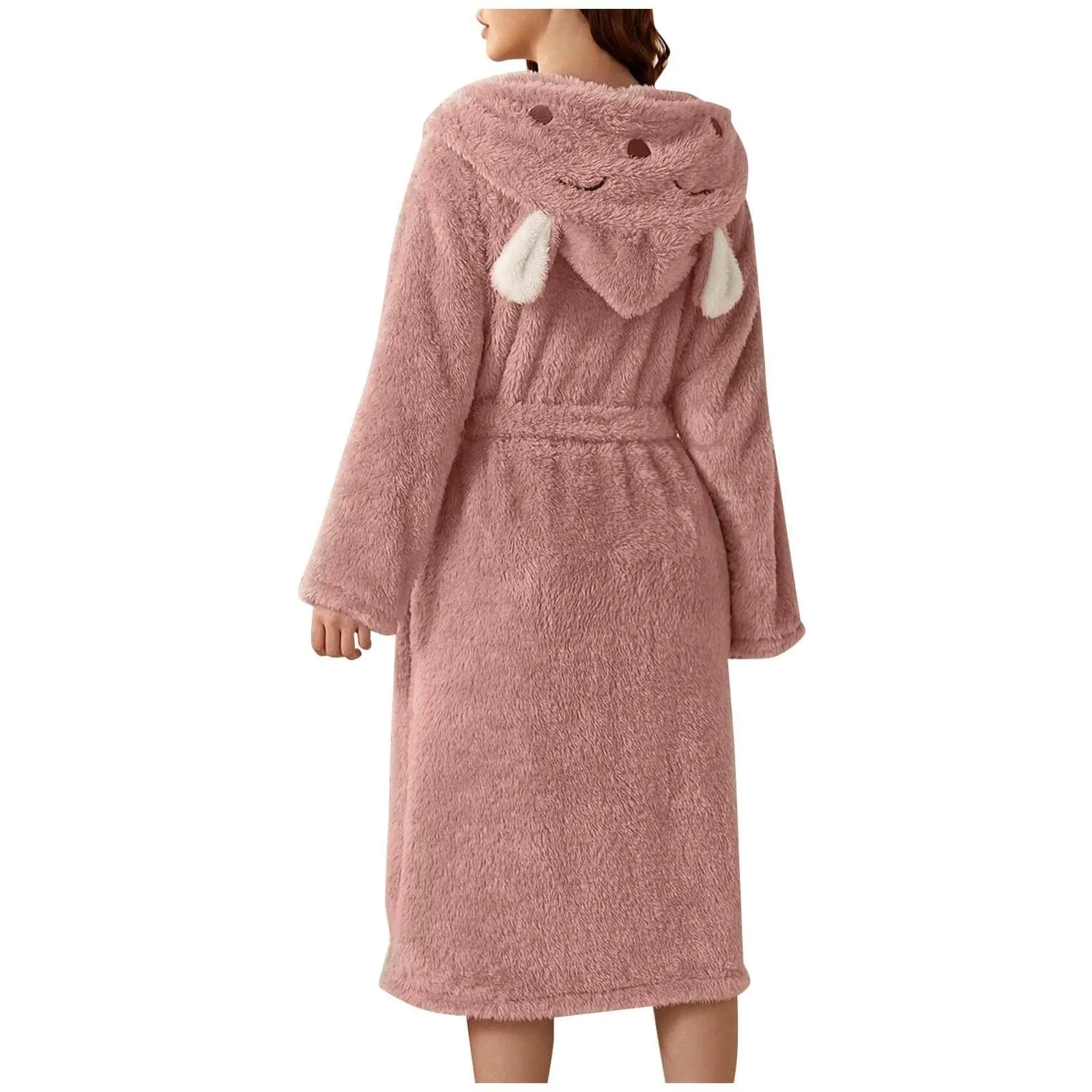 Women Winter Plush Night Robe Minimalist Solid Color With Rabbit Shaped Hooded Bring You Cozy Comfortable Thermal Experience