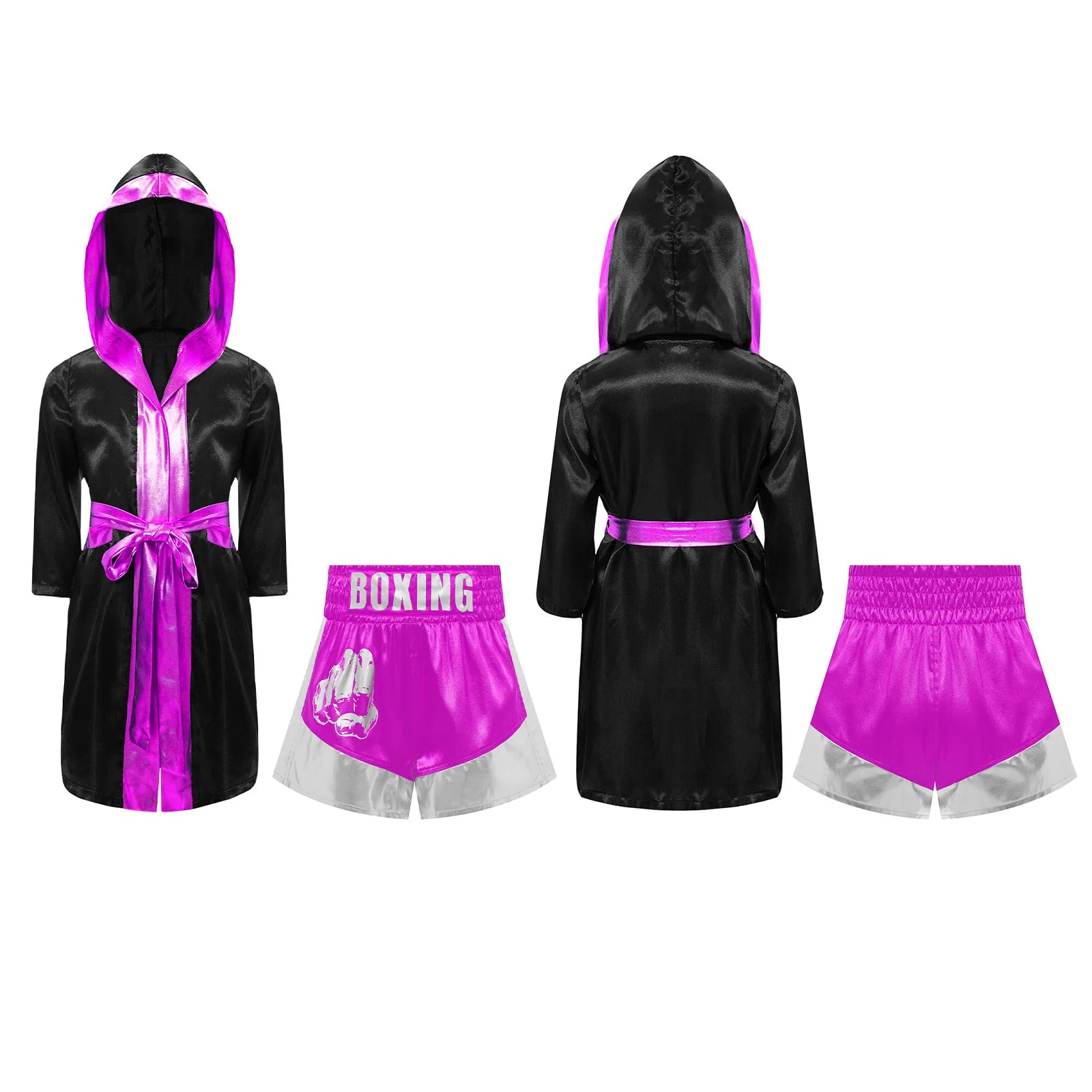 Kids Boxing Robe Outfits Cosplay Costume Metallic Trim Satin Belted Robe Kickboxing Hooded Cloak with Shorts for Halloween Party