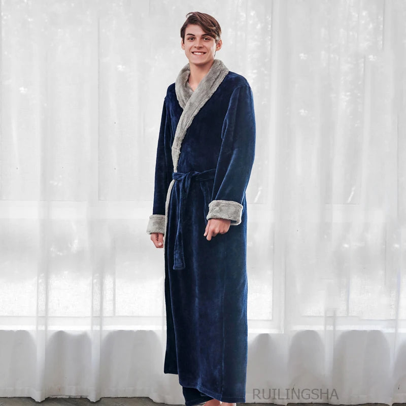 Night Dress Women Bathrobe Flannel Robe Women's Winter Lengthened Coralline Plush Shawl Bathrobe Long Sleeved Warm Bath Robe Men