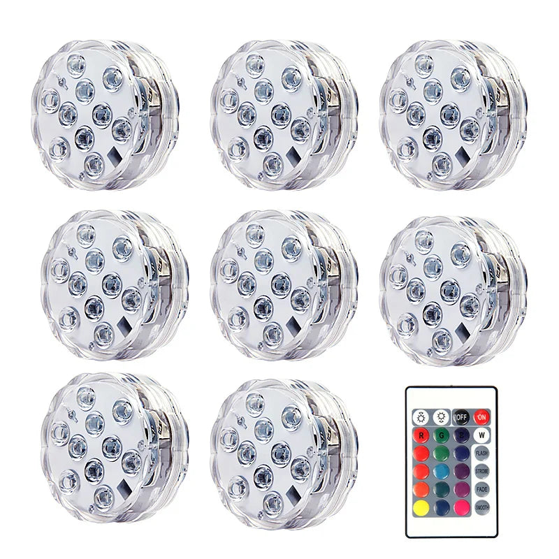 10leds RGB Led Submersible Light Underwater Night Lamp Battery Operated Garden Swimming Pool Light for Wedding Party Vase Bowl