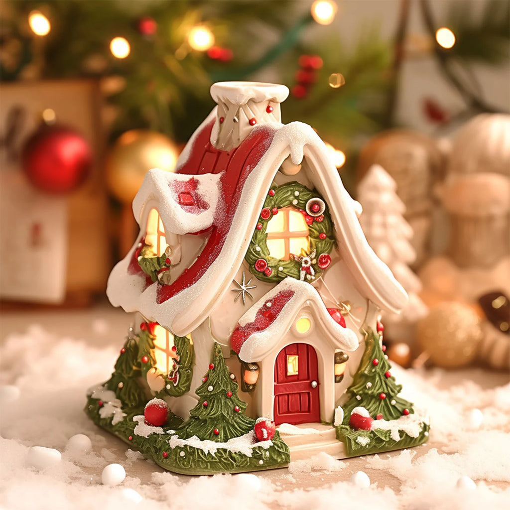 Resin Christmas Village House Winter Log Cabin Incense Burner Rustic Christmas Chimney Hut Incense Cones Room Decor