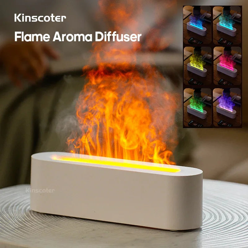 Essential Oil Aroma Diffuser, Flame Air Humidifier, Ultrasonic Fresh Mist, Diffuser with Realistic Fire RGB, Night Light