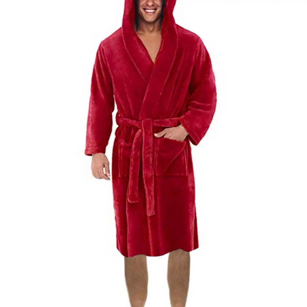 Oversize Men Bathrobe Long Sleeve Fleece Nightgown Winter Warm Hooded Long Robe Pajamas Fleece Gown Plush Bath Robe Sleepwear