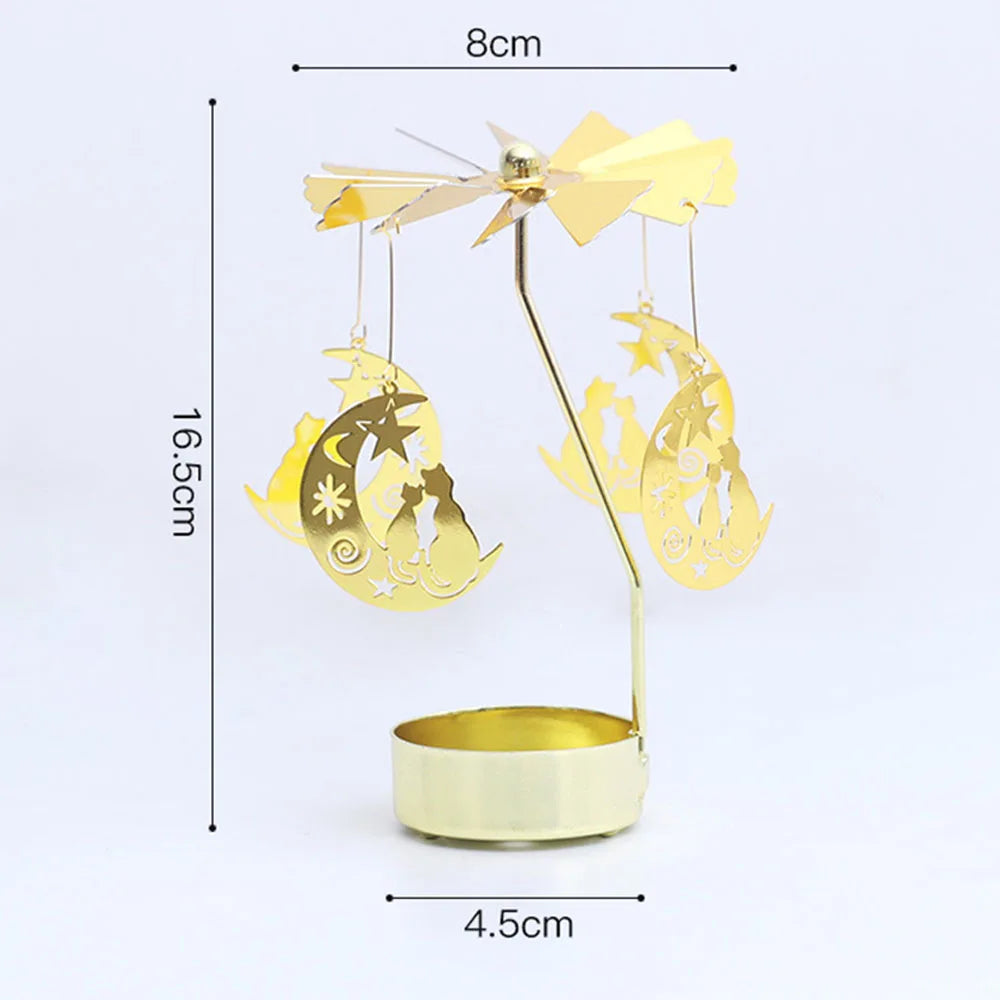 Rotating Candle Holder Metal Gold Christmas Present No Battery Heat Powered Spinning Carousel for Home Desk Counter Sweet Decor