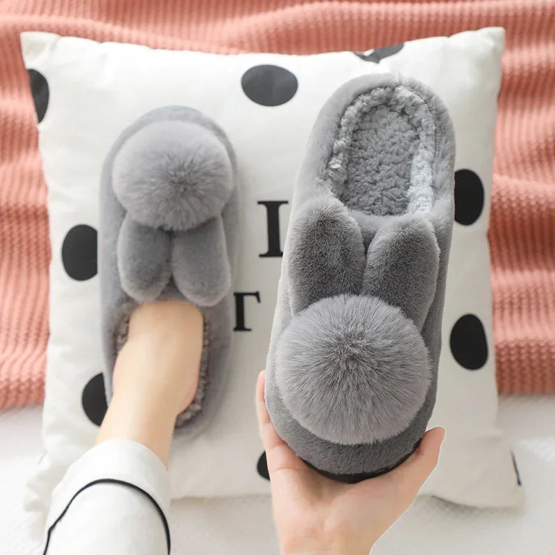 Cotton Slippers for Women with Rabbit Design Thick Soled Cold Proof Warm Indoor House Shoes Non Slip Comfort