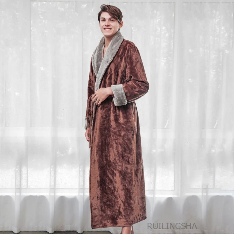 Night Dress Women Bathrobe Flannel Robe Women's Winter Lengthened Coralline Plush Shawl Bathrobe Long Sleeved Warm Bath Robe Men