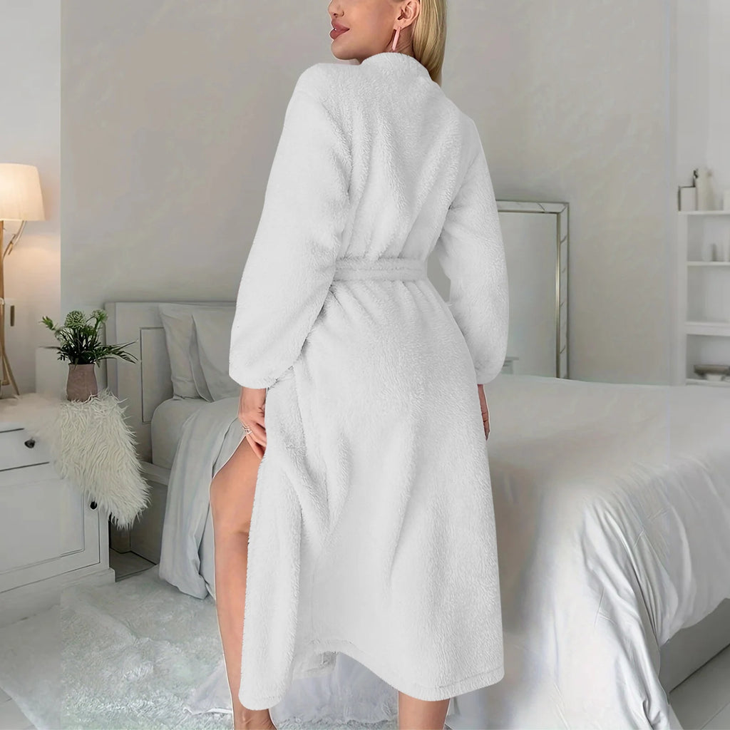 Women's Solid Color Waist Tied Robe Long Sleeve Winter Warm Bathrobe Home Wear Plush Soft Pajamas Home Nightgown