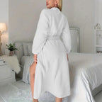 Women's Solid Color Waist Tied Robe Long Sleeve Winter Warm Bathrobe Home Wear Plush Soft Pajamas Home Nightgown