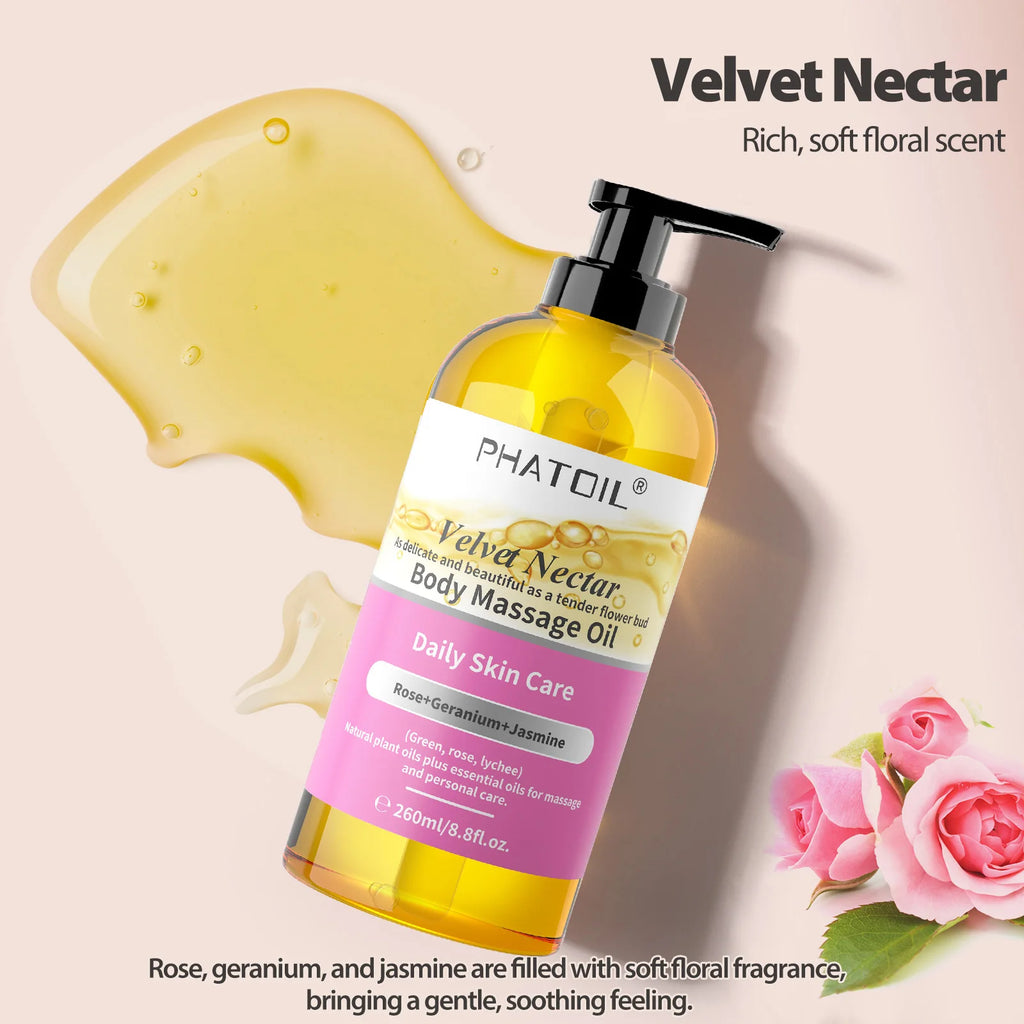 PHATOIL 260ml Body Oil-Deeply Moisturizing & Soothing Massage Oil with Long-Lasting Fragrance Vanilla Ginger Rosemary Body Oils