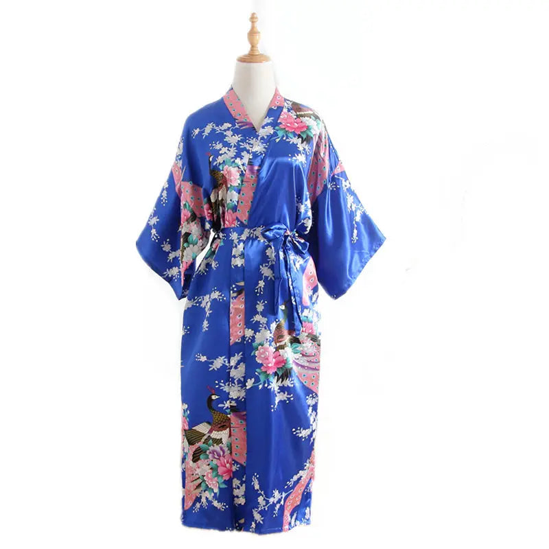 Women Long Robe Print Flower Peacock Kimono Bathrobe Gown Bride Bridesmaid Wedding Robes Sexy Sleepwear