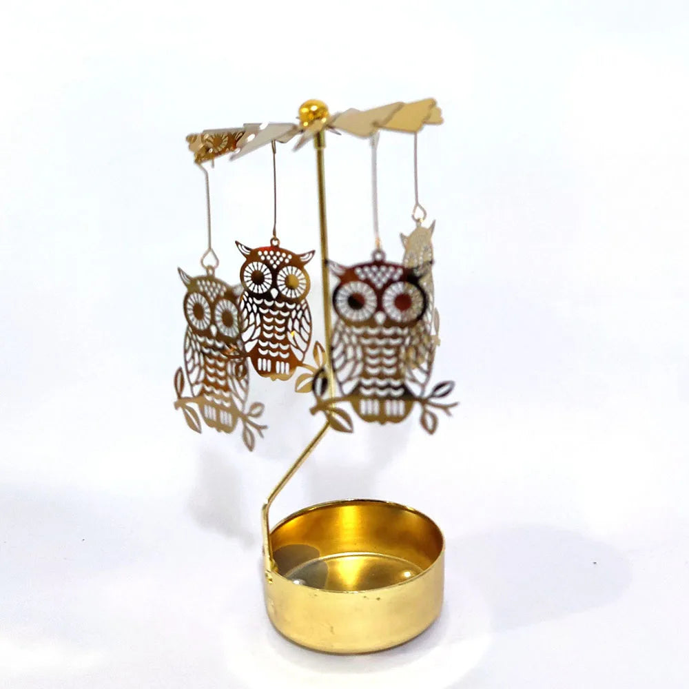 Rotating Candle Holder Metal Gold Christmas Present No Battery Heat Powered Spinning Carousel for Home Desk Counter Sweet Decor