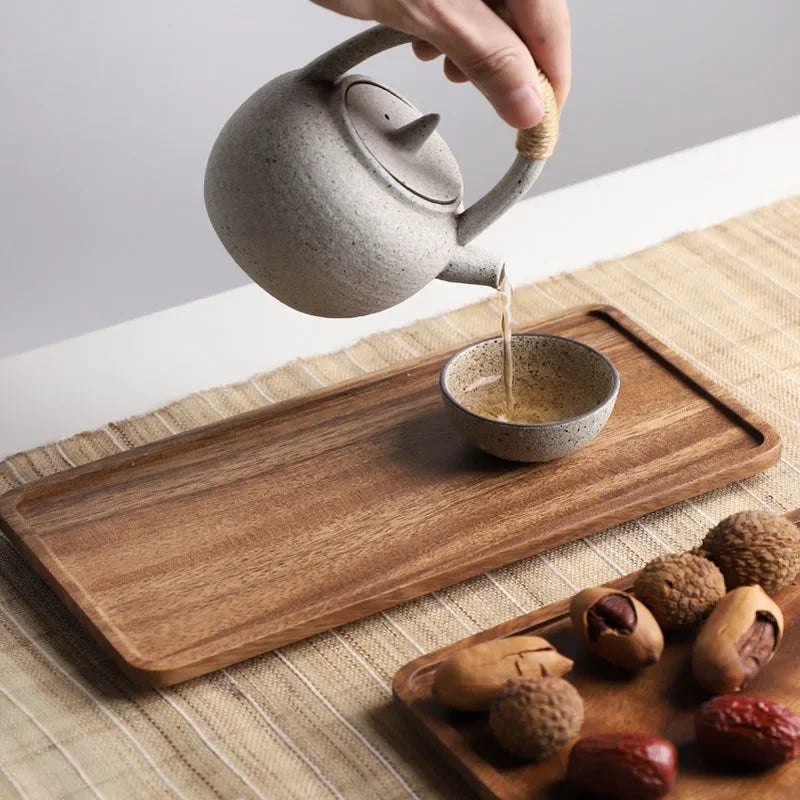 Musowood Serving Tray Plate Wood Trays Rectangular Teapot Holder Cake Breakfast Trays Kitchen Storage Board Home Serving Tray
