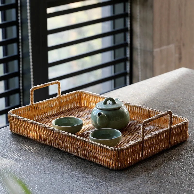 European Tea Tray Imitation Rattan Woven Fruit Tray Afternoon Tea Tray Simple Coffee Table Kitchen Household Storage Tray