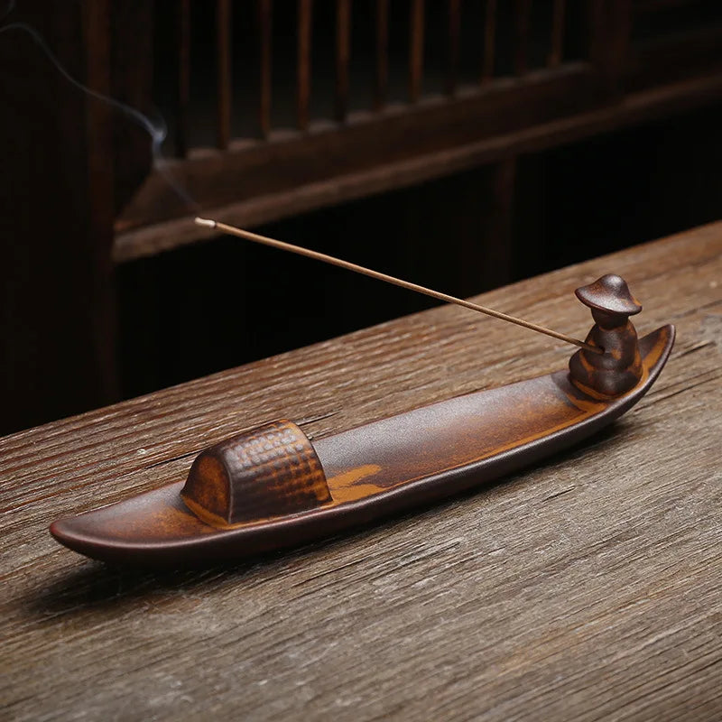 Chinese style retro fishing line incense burner, home decoration with a flat boat lying incense diffuser incense pedestal