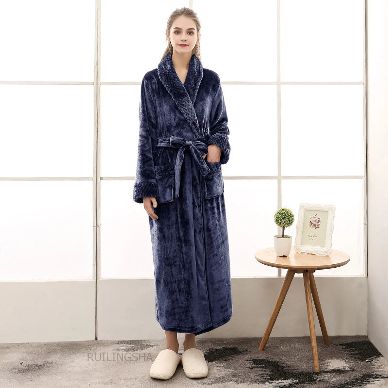 Night Dress Women Bathrobe Flannel Robe Women's Winter Lengthened Coralline Plush Shawl Bathrobe Long Sleeved Warm Bath Robe Men