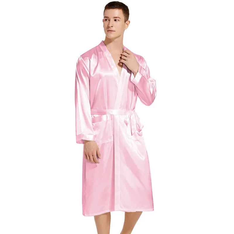 Men Long Bathrobe Sleepwear Navy Blue Silk Satin Bridegroom Wedding Robe Kimono Gown Spring Summer Home Clothes Loungewear