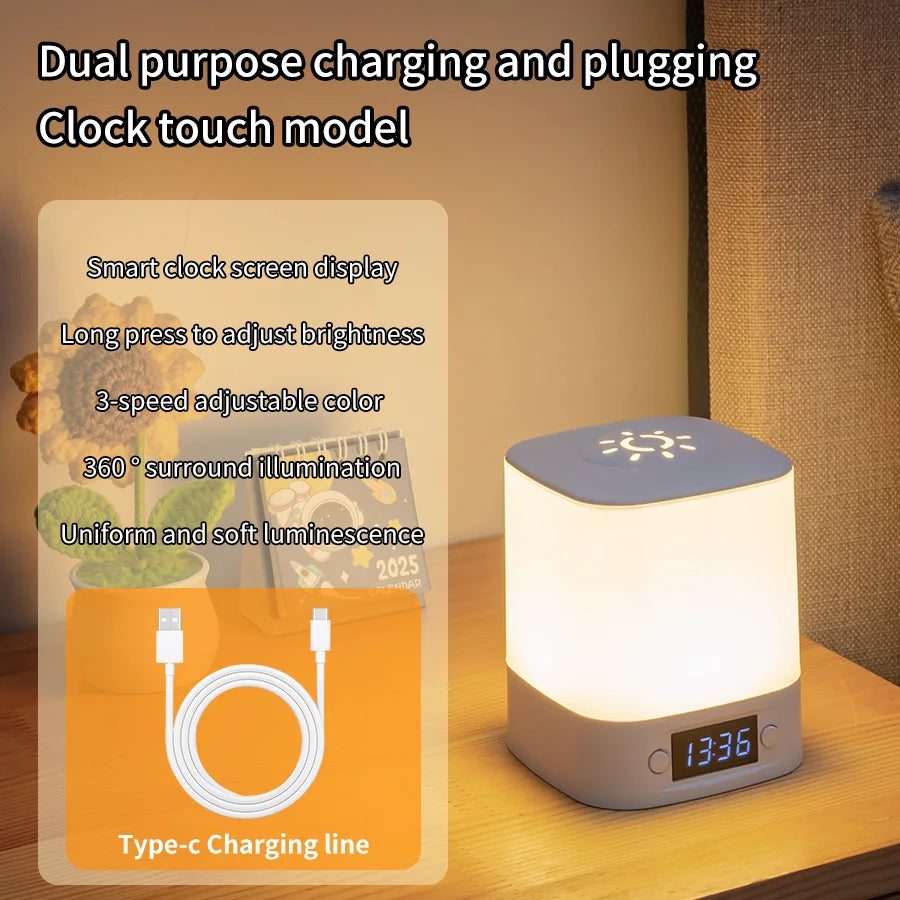 Portable Led Night Light with Clock Time Display Rechargeable Touch Table Lamp for Bedroom Bedside Reading and Home Decor