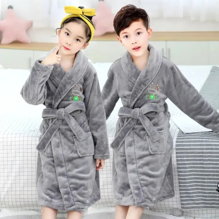 Winter Thicken Bathrobes for Kids Girls Flannel Warm Nightgown Teens Boys Bathing Robe Solid Color Night Robe Baby Dressing Gown