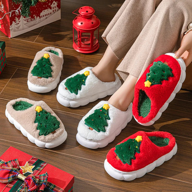 Christmas Themed Plush Slippers for Women and Men Cozy Home Winter Indoor Soft Cotton Shoes New Holiday Design