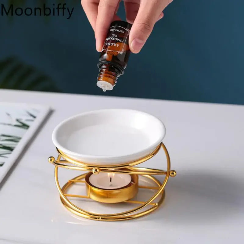 Creative Aroma Burner Oil Lamp Gold Black Color Essential Oil Incense Burner Ceramic Bowl Iron Rack Candle Holder Home Decor