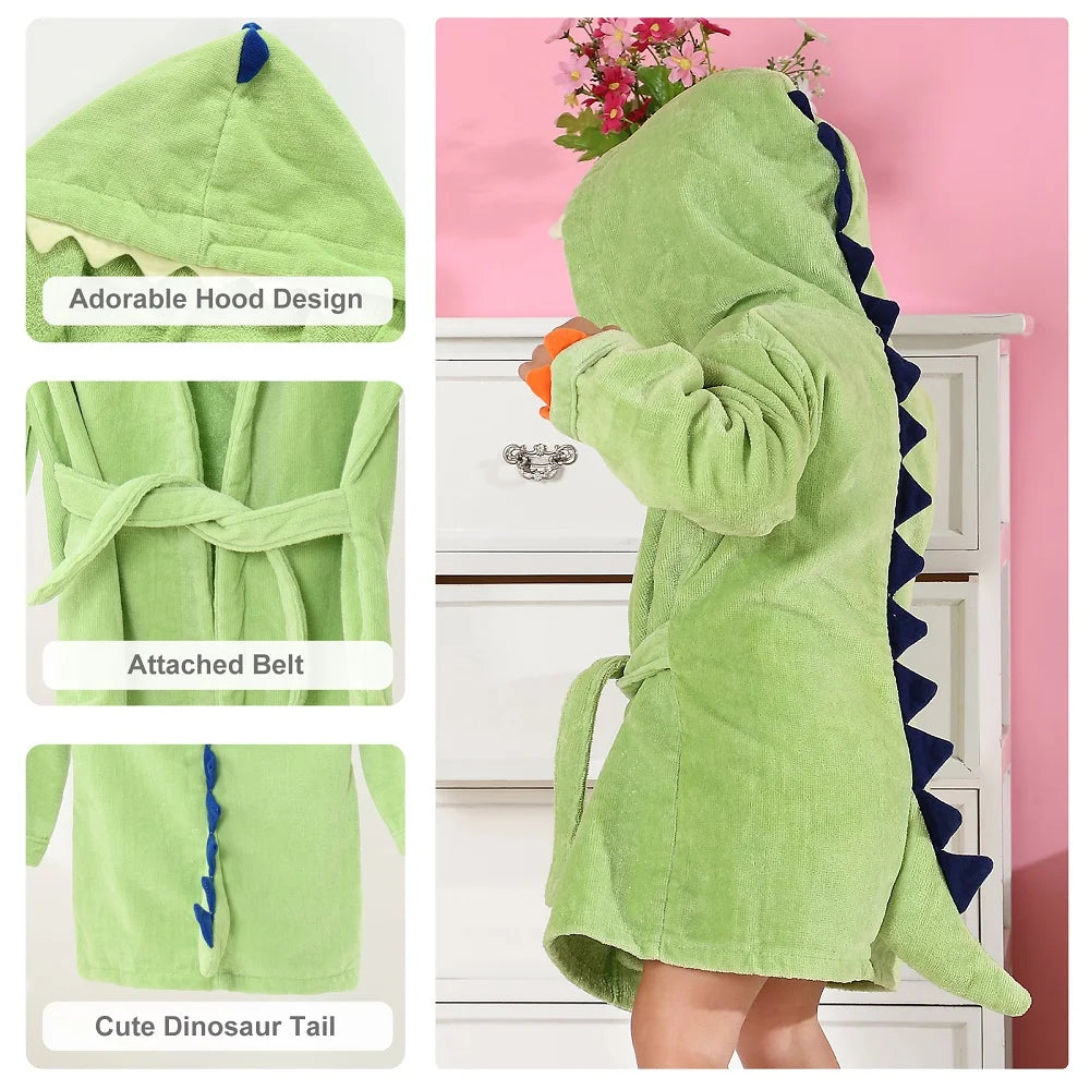 MICHLEY Animals Dinosaur Hooded Baby Bathrobe Cotton Soft Infant Bath Towel Robe Pajamas For Kids Boy Girl Children Winter 1-5T