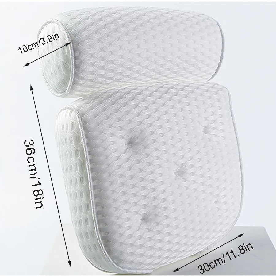 Bath pillow with 4D breathable mesh and 7 suction cups to help support the head, back, shoulders and neck, suitable for all bath