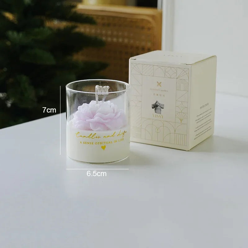 Handmade Peony Flower Glass Cup Scented Candle Aromatherapy Soy Wax Candles Wedding Birthday Candle Party Home Decoration