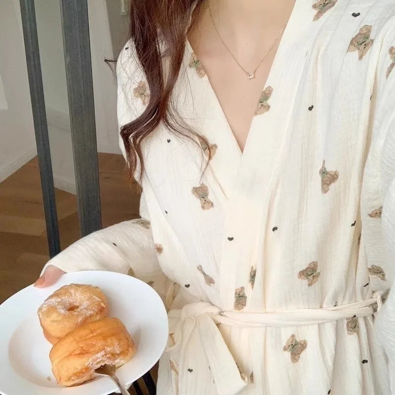 Women Bathing Robe Cartoon Cute Bear Print Bathrobe Nightgown Cardigan Long Sleeve Nightdress Plus Size Loungewear Nightgown Ro