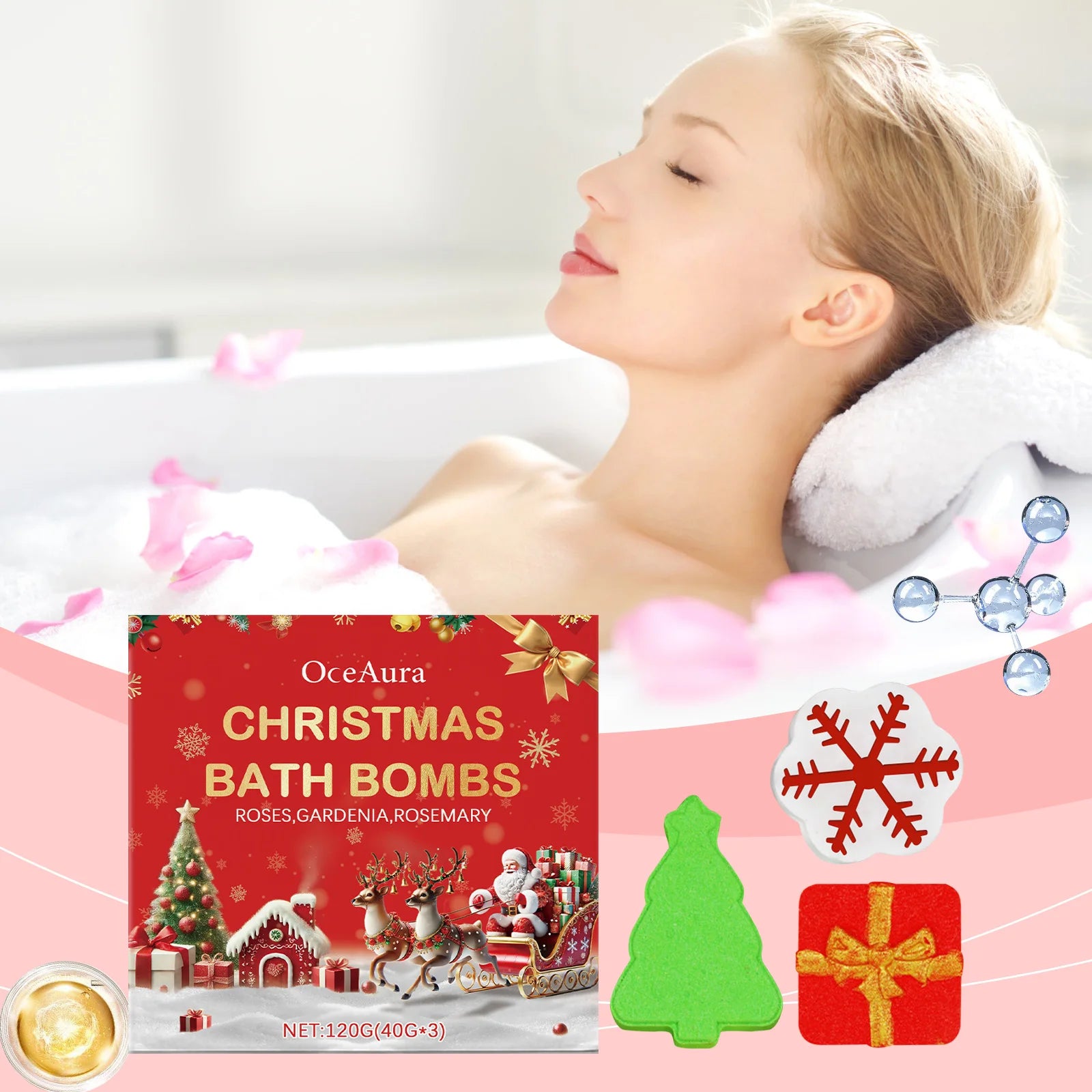 Christmas Bath Bomb Set - A Set of Colored Bath Bombs for Bubbly Showers, with Fragrance and Long-Lasting Floral Scent