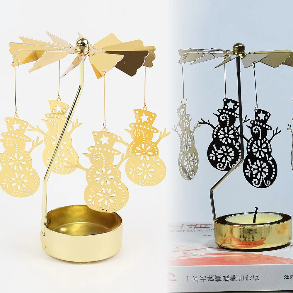 Rotating Candle Holder Metal Gold Christmas Present No Battery Heat Powered Spinning Carousel for Home Desk Counter Sweet Decor
