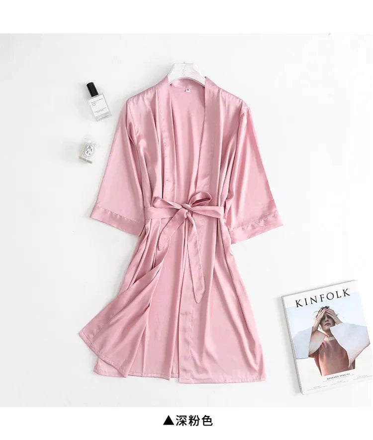 Women Wedding White Bride Robe Morning Gown 3/4 Sleeve Sleepwear Loose Nightgown Female Silk Satin Kimono Bathrobe Lingerie