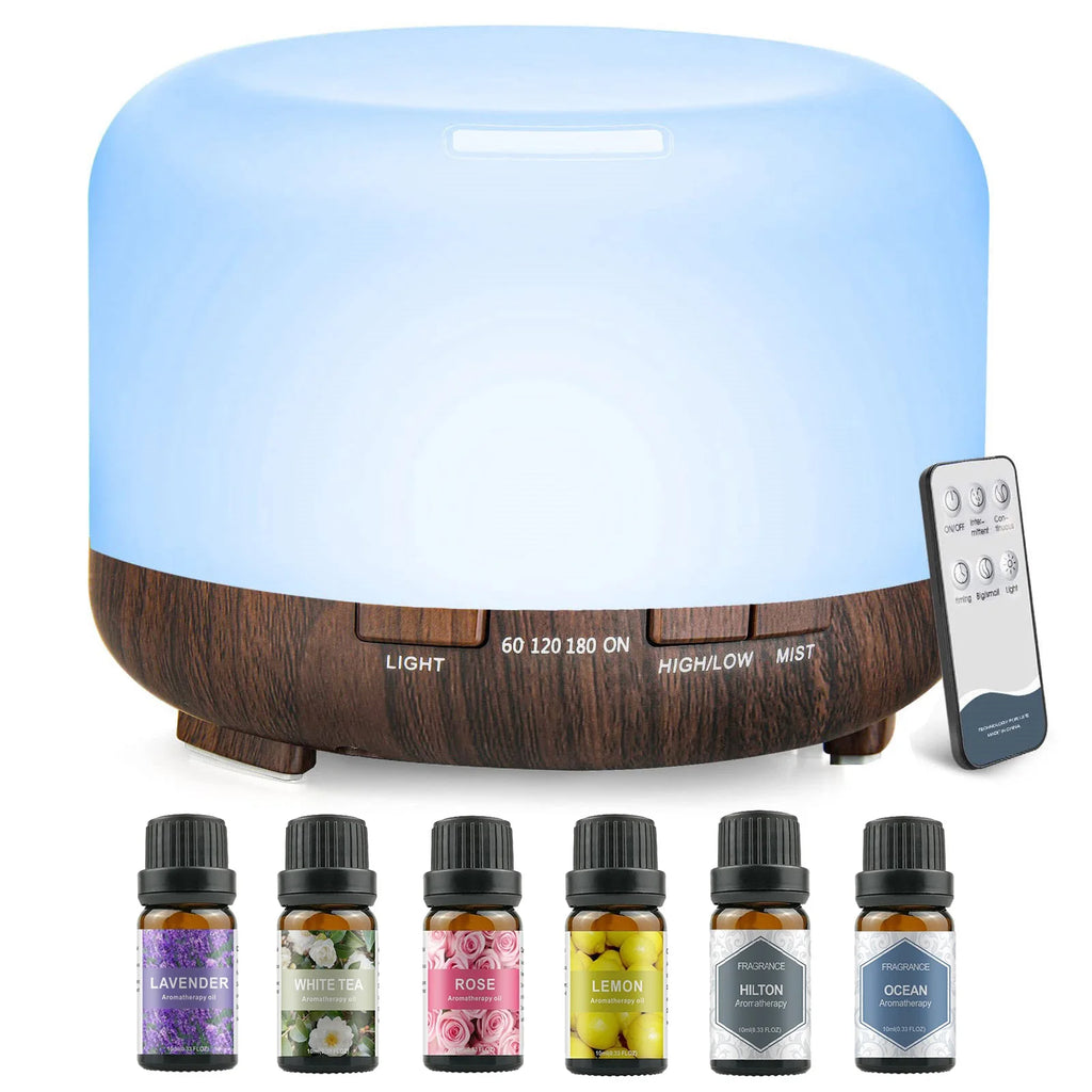 500ML Aroma Diffuser (6 Oils Optional), 5V 2A Essential Oil Aromatherapy Diffuser Humidifier with Remote Control